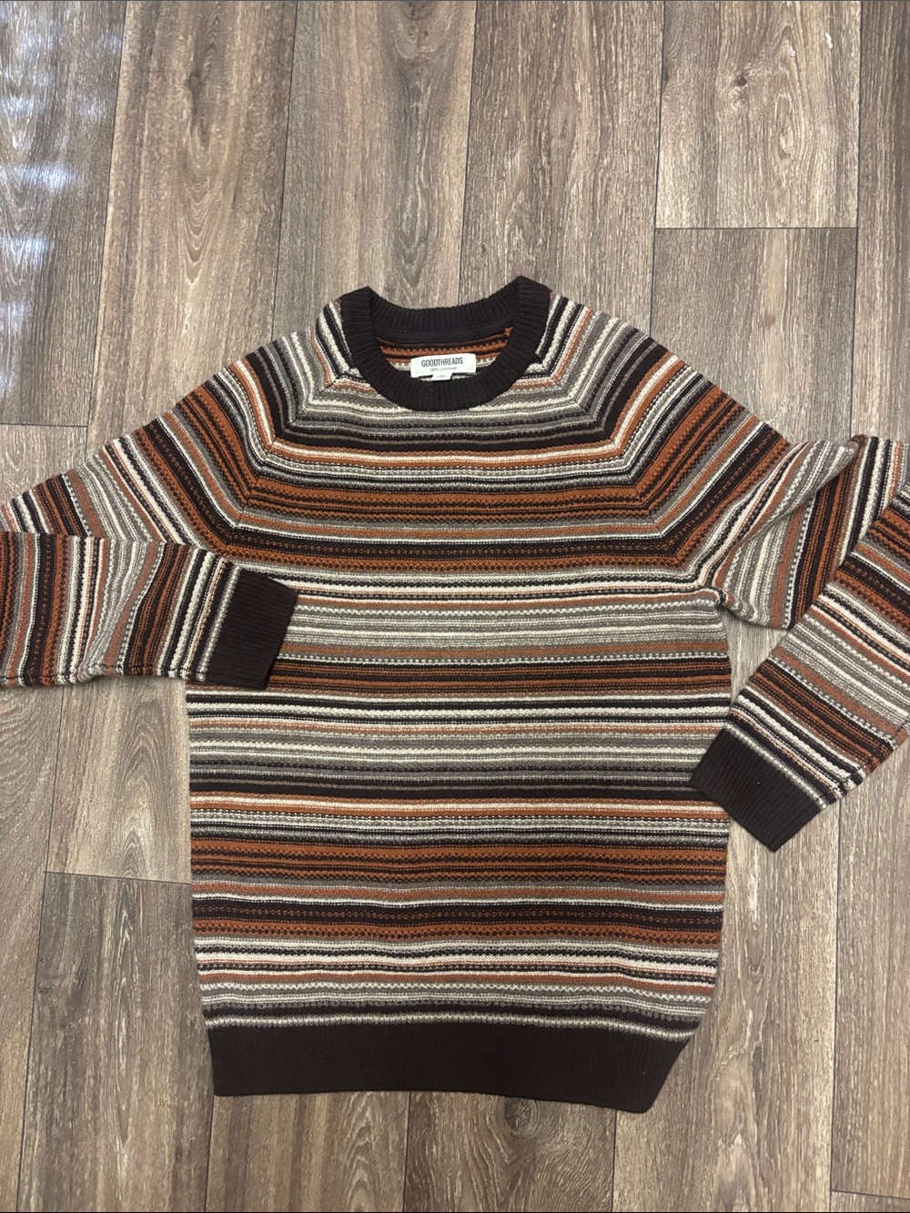 Goodthreads Crewneck Striped Sweater in Brown, Tan, Cream, and Gray